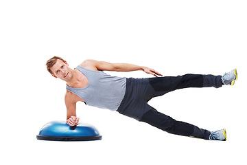 Image showing Man portrait, half ball or plank exercise for wellness, studio workout or core strength development. Balance challenge, fitness equipment and athlete doing muscle training on white background floor