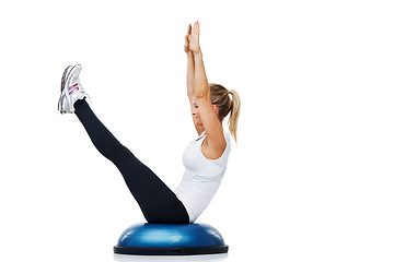 Image showing Sports, half ball and woman athlete in studio for stretching body workout or training with balance. Sports, equipment and young female person with muscle warm up exercise isolated by white background