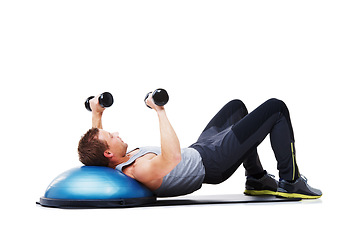 Image showing Dumbbells, half ball and man doing workout for muscle building, bicep exercise or arm strength development. Gym studio, training equipment and person in fitness routine on white background floor