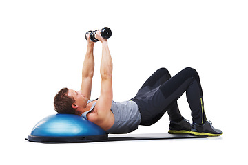 Image showing Dumbbells, half ball and man exercise for muscle building, workout or arm strength development. Gym equipment, studio floor and strong bodybuilder training, hard work and fitness on white background