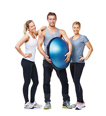 Image showing Fitness portrait, half ball and happy people for wellness, studio workout or pilates class with gym equipment. Team happiness, studio training and group smile for active exercise on white background