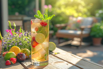 Image showing A glass of refreshing fermented kombucha drink with ice, lime, mint and fruit on a wooden table at the cottage on a sunny day. Generative ai