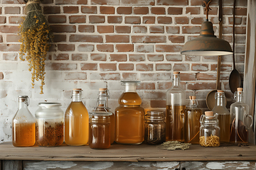 Image showing Glass bottles of home-made fermented kombucha tea mushroom drink stand on a wooden shelf against a brick wall in a rural house .Generative ai.