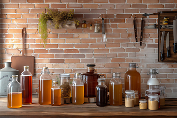 Image showing Glass bottles of home-made fermented kombucha tea mushroom drink stand on a wooden shelf against a brick wall in a rural house. Generative ai.