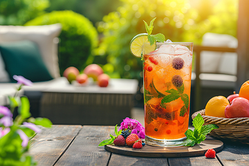 Image showing A glass of refreshing fermented kombucha drink with ice, lime, mint and fruit on a wooden table at the cottage on a sunny day. Generative ai.