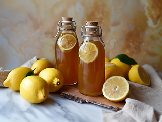 Image showing Two bottles of house-made fermented kombucha drink with lemons in a rustic home kitchen. Generative ai.