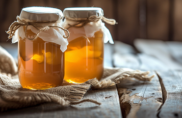 Image showing Two jars of home-made fermented kombucha tea mushroom beverage on a planked rustic table. Generative ai.