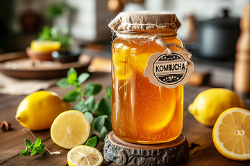 Image showing A jar of Kombucha homemade fermented beverage with mint and lemon on a wooden table. Healthy eating concept. Generative ai.