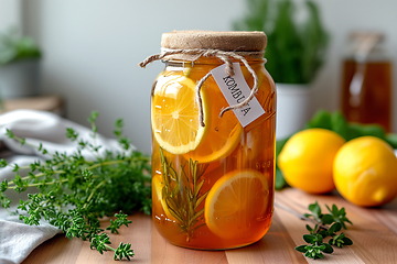 Image showing A jar of Kombucha homemade fermented beverage with mint and lemon on a wooden table. Healthy eating concept. Generative ai.