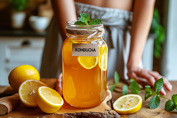 Image showing A jar of Kombucha homemade fermented beverage with mint and lemon on a wooden table. Healthy eating concept. Generative ai.