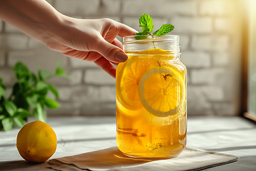 Image showing A jar with home fermented drink Kombucha tea mushroom with mint and lemon on the kitchen table. Healthy eating concept. Generative ai.