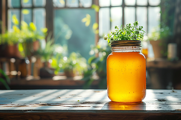 Image showing Refreshing fermented herbal tea mushroom Kombucha beverage on the kitchen table. Copy space. Generative ai.