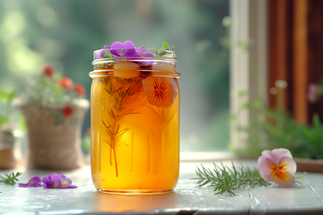 Image showing Refreshing fermented herbal tea mushroom Kombucha beverage on the kitchen table. Copy space. Generative ai.