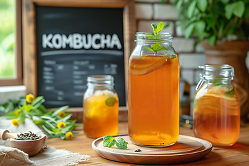 Image showing Cans of homemade fermented drink Kombucha tea mushroom with mint on a wooden table with a chalk board labeled:  Generative ai.