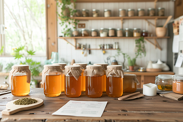 Image showing A row of jars of homemade healthy fermented beverage kombucha, tea mushroom, stands on the wooden table of the home kitchen next to the recipe and ingredients. Generative ai.