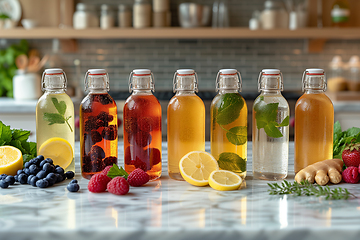Image showing A collection of small glass bottles, each containing a different fruity flavor of homemade kombucha, are arranged on a modern marble kitchen table. Generative ai.