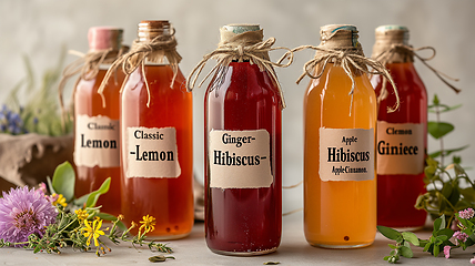 Image showing A series of glass bottles filled with fermented liquor, homemade kombucha, tea mushroom, useful each with a handmade label that reads. Classic, Ginger, lemon, hibiscus, rose, apple, cinnamon.