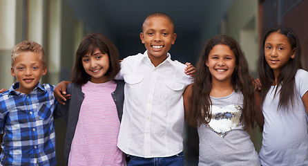 Image showing Group, student and portrait or happy in corridor with confidence or pride for learning, education or knowledge. Friends, people and face with smile or hug in building before class or ready to study