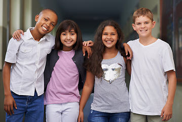 Image showing Group, friends and portrait or happy in corridor with confidence or pride for learning, education or knowledge. Student, people and face with smile or hug in building before class or ready to study