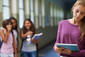 Image showing Girl, school and sad student bullying victim feeling depression, lost or stressed in hallway or corridor. Kids laughing, depressed child or lonely female learner with anxiety, abuse trauma or fear