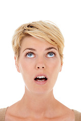 Image showing Woman, face and thinking in shock for decision, idea or question on a white studio background. Closeup of female person, model or blonde looking up in wonder or thought for alert on mockup space