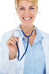 Image showing Happy woman, stethoscope or portrait of doctor in studio for healthcare examination on white background. Smile, cardiovascular or check by a nurse ready for consultation, exam or help for wellness