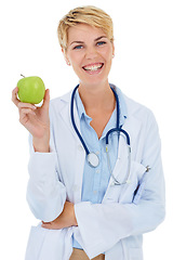 Image showing Doctor, happy woman or apple in portrait with smile, wellness or isolated on white background. Medical professional, fruit or physician with healthcare, promote healthy diet or nutrition in studio