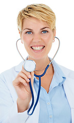 Image showing Happy woman, stethoscope or portrait of doctor in studio for healthcare examination on white background. Smile, cardiovascular or check by a nurse ready for consultation, exam or help for wellness