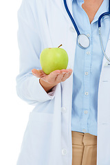 Image showing Doctor, woman or apple in hands for wellness, detox or benefits isolated on white background. Medical professional, closeup or physician with healthcare, promote healthy diet or nutrition in studio