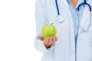 Image showing Doctor, person or apple in hands for wellness, detox or benefits isolated on white background. Medical professional, closeup or physician with healthcare, promote healthy diet or nutrition in studio
