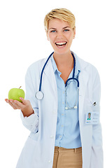 Image showing Doctor, woman in portrait and apple for health and diet with nutritionist in studio, smile and wellness on white background. Healthy food, medical professional with fruit for nutrition or weightloss