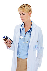 Image showing Doctor, medicine and thinking or confused in studio for healthcare compliance, reading information or label. Medical worker or pharmacist with pills bottle, analysis or question on a white background