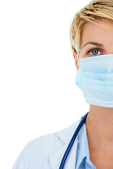 Image showing Woman, doctor and mask for protection from disease in studio, medicare and compliance by white background. Medical professional, healthcare and pandemic or safety ppe for coronavirus and mockup