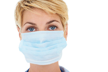 Image showing Woman, doctor and face mask for protection in portrait or studio, medicare and compliance by white background. Medical professional, healthcare and pandemic or safety ppe for disease and coronavirus