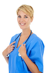 Image showing Woman, doctor and stethoscope for heartbeat and portrait for cardiovascular health in studio by white background. Medical professional, face and equipment for career, listening tool and lung test