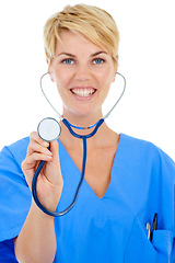 Image showing Doctor, happy woman and stethoscope in a studio portrait for cardiology, healthcare and support or check. Young nurse listening for health in patient POV and medical services on a white background