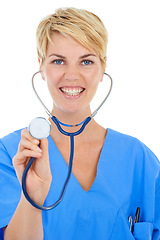 Image showing Doctor, woman and stethoscope in a studio portrait for cardiology, healthcare and support or check. Young, happy nurse listening for health with patient POV and medical services on a white background