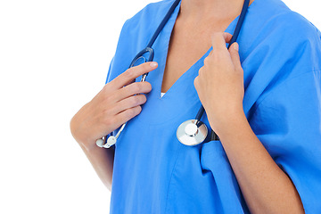 Image showing Person, doctor and stethoscope for heartbeat and cardiovascular health in studio by white background. Medical professional, healthcare and equipment for career, care and listening tool for lung test