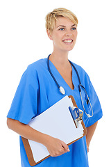 Image showing Woman, doctor thinking and documents in studio for medical research, assessment or clinic checklist. Happy healthcare worker or nurse with services, clipboard and paperwork on a white background