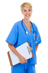 Image showing Woman, nurse and portrait with checklist in studio for medical research, assessment or writing of clinic results. Happy healthcare doctor with notes, clipboard and services on a white background