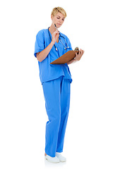 Image showing Woman, doctor and clipboard for thinking on healthcare in studio, checklist and paperwork by white background. Medical professional, documents and insurance agreement for medicare, care and forms