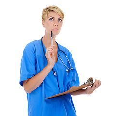 Image showing Doctor, nurse thinking and documents in studio for medical research, assessment or clinic checklist. Healthcare worker or woman with service solution, clipboard and paperwork on a white background