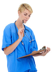 Image showing Doctor, woman thinking and checklist in studio for medical research, assessment or clinic documents. healthcare worker or nurse with service solution, clipboard and paperwork on a white background