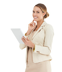 Image showing Professional woman, tablet and portrait in studio for online planning, research and stock market investment. Business trader thinking of solution or idea with digital technology on a white background