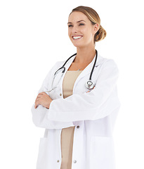 Image showing Doctor, happy woman or arms crossed in studio with pride or confidence in medical career as cardiologist. Thinking, coat or medicine consultant with smile or healthcare isolated on white background