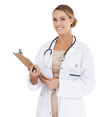 Image showing Woman, doctor and portrait with checklist in studio for medical service, assessment and consultation. Professional or healthcare worker with documents, clipboard and clinic test on a white background