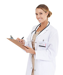 Image showing Woman, doctor and portrait with checklist in studio for medical research, assessment or writing of clinic results. Happy healthcare worker with notes, clipboard and services on a white background