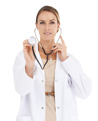 Image showing Doctor, woman and stethoscope in a studio portrait for cardiology, healthcare and support or check. Professional medical worker listening for checkup, patient POV and services on a white background