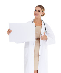 Image showing Doctor, thumbs up and poster mockup in studio for medical information, services and presentation. Portrait of healthcare woman with like, yes and feedback with paper and space on a white background