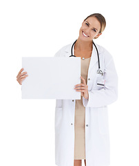 Image showing Doctor, board or happy woman in portrait for poster, advertising or healthcare info in studio. White background, smile or medical professional with medicine announcement ads, paper or mockup space